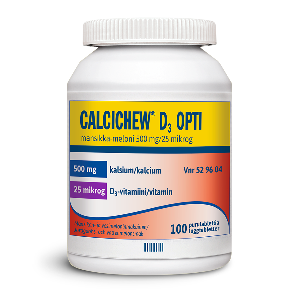 CALCICHEW D3 OPTI MANSIKKA-MELONI 500 mg/25 mikrog (1 × 100kpl) – Koivu  Apteekki, Tampere I Palvelua terveytesi hyväksi