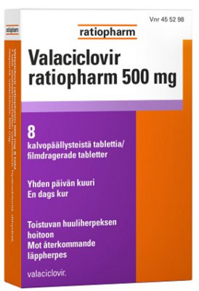 VALACICLOVIR RATIOPHARM tabletti, kalvopäällysteinen 500 mg 8 fol ...