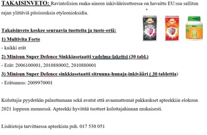 TAKAISINVETO: Super Defence Sinkkiasetaatti ja Multivita Forte