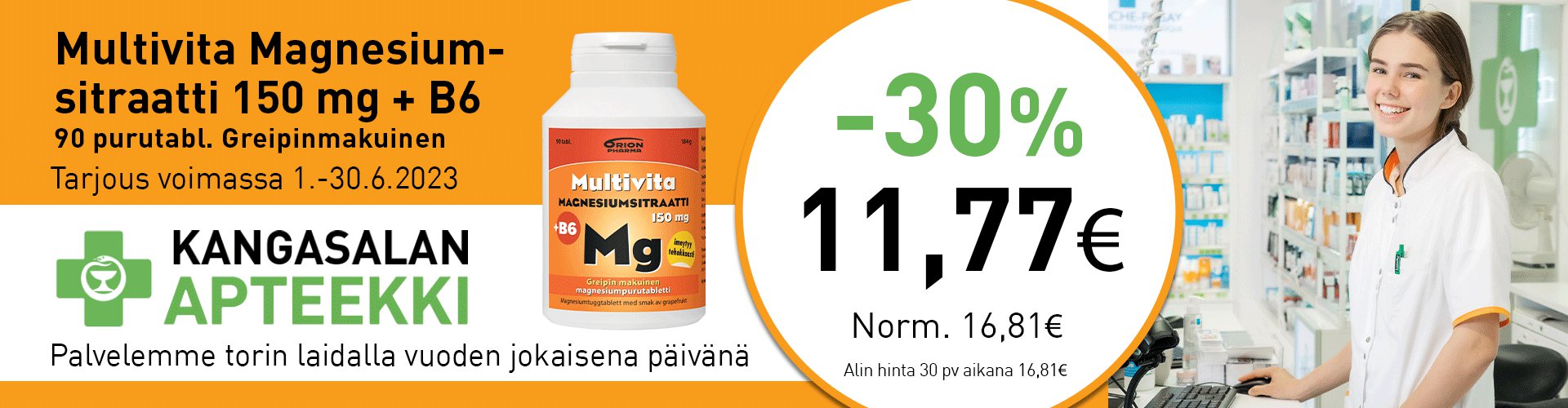 Kesäkuun etuna Multivita Magnesiumsitraatti 1510 mg +B6 90 purutabl. -30%