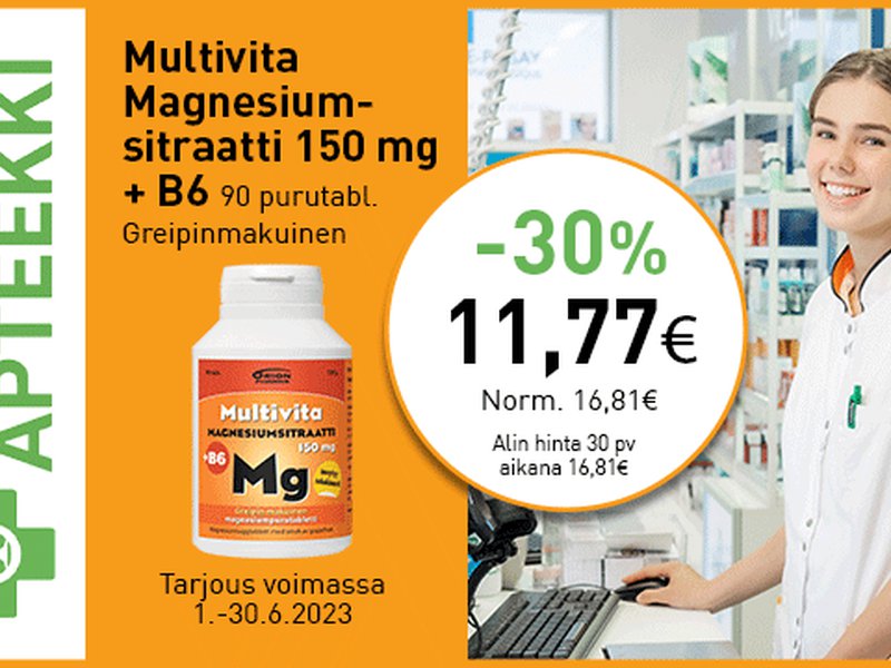 Kesäkuun etuna Multivita Magnesiumsitraatti 150 mg + B6 90 purutabl. -30%