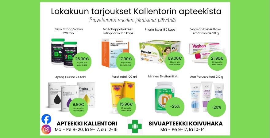 Lokakuun tarjoukset Kallentorin apteekista