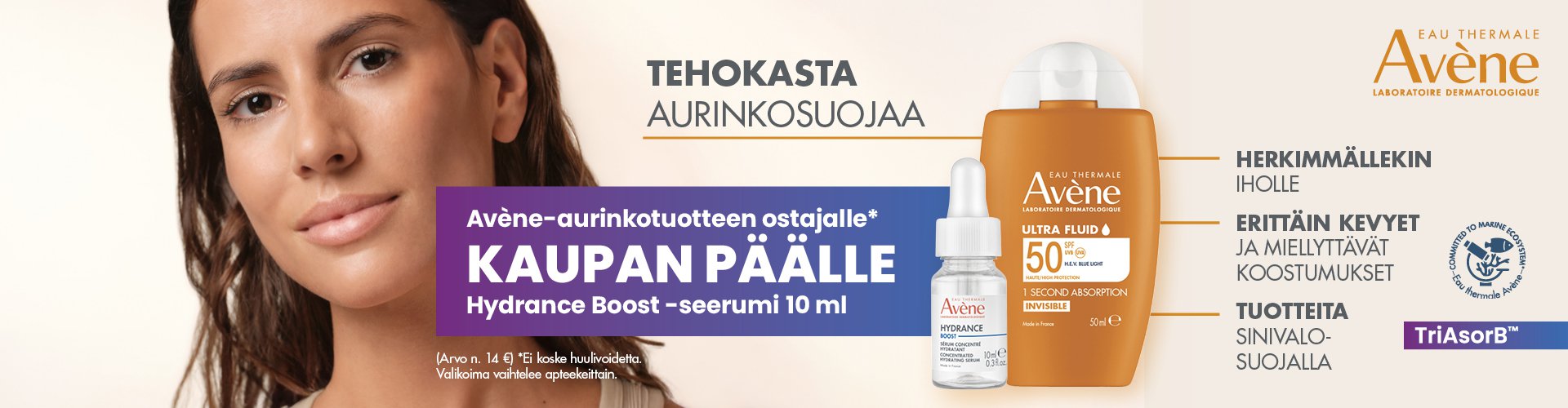 Avène Sun ‑aurinkotuotteet suojaavat herkkää ihoa tehokkaasti ja hellävaraisesti. Kesäkuussa Avène Sun ‑tuotteen ostajalle kaupan päälle 10 ml Hydrance Boost ‑seerumi – niin kauan kuin erää riittää.