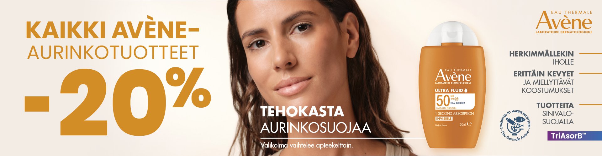 Avène Sun ‑aurinkotuotteet suojaavat ihoa tehokkaasti ja lempeästi. Kevyet, hyvin siedetyt koostumukset sopivat erinomaisesti herkälle ja reaktiiviselle iholle. Kaikki Avène Sun ‑tuotteet −20 % toukokuun ajan.