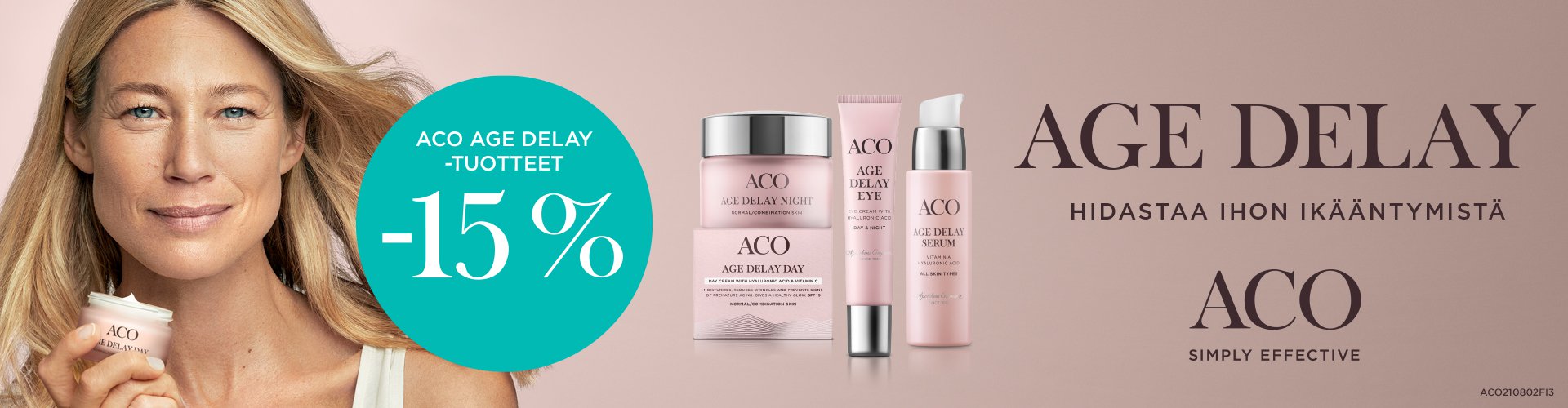 ACO Age Delay Tehokkaat AGE DELAY-tuotteet, jotka hidastavat ihon ikääntymistä ja vähentävät ikääntymisen näkyviä merkkejä. AGE DELAY-tuotteissa yhdistyvät tehokas ja kosteuttava vaikutus, miellyttävät koostumukset sekä ihastuttavat pakkaukset