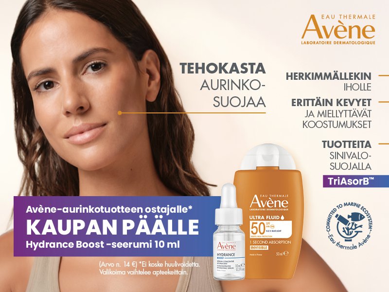 Avène Sun ‑aurinkotuotteet suojaavat herkkää ihoa tehokkaasti ja hellävaraisesti. Kesäkuussa Avène Sun ‑tuotteen ostajalle kaupan päälle 10 ml Hydrance Boost ‑seerumi – niin kauan kuin erää riittää.