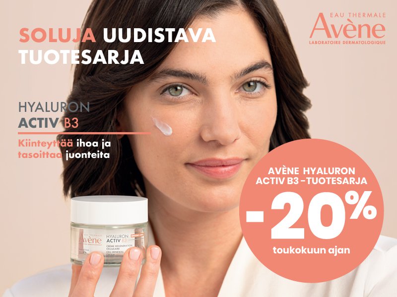 Avène Hyaluron B3 Anti‑Age ‑ihonhoitotuotteet kosteuttavat, silottavat juonteita ja tukevat ihon uudistumista. −20 % toukokuussa.