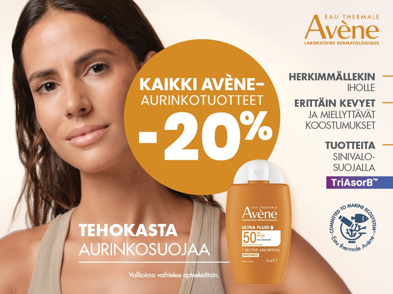 Avène Sun ‑aurinkotuotteet suojaavat ihoa tehokkaasti ja lempeästi. Kevyet, hyvin siedetyt koostumukset sopivat erinomaisesti herkälle ja reaktiiviselle iholle. Kaikki Avène Sun ‑tuotteet −20 % toukokuun ajan.