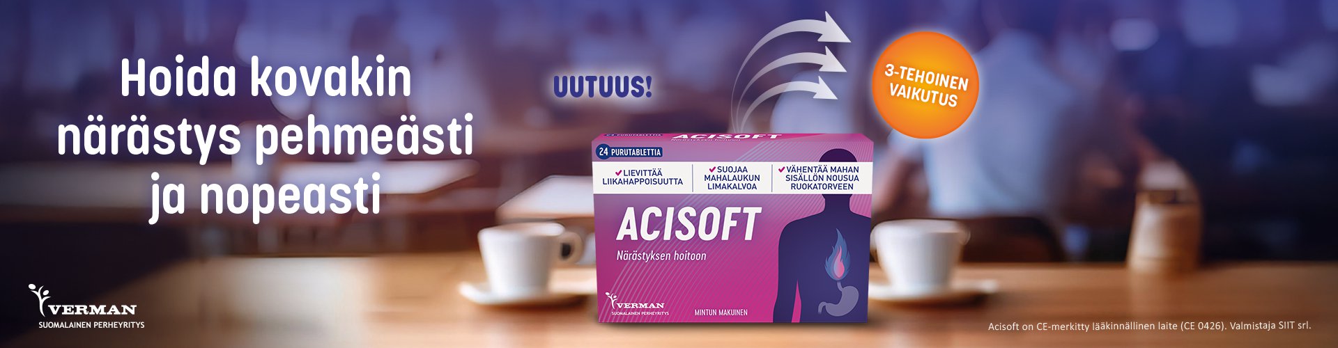Acisoft on kolmitehoinen apu närästyksen hoitoon, se lievittää liikahappoisuutta, suojaa mahalaukun limakalvoa ja vähentää mahan sisällön nousua ruokatorveen.
