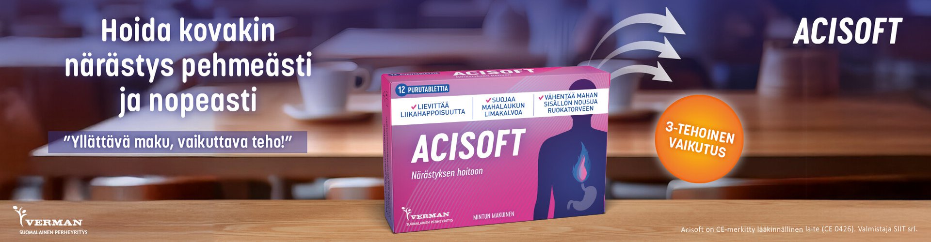 Acisoft -valmisteella voidaan vähentää närästystä, vaivaan liittyvää paineen tunnetta ja happaman mahansisällön takaisinvirtausta (refluksia) ruokatorveen.