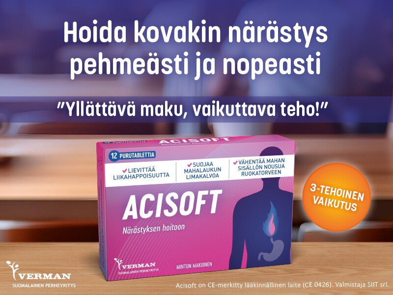 Acisoft -valmisteella voidaan vähentää närästystä, vaivaan liittyvää paineen tunnetta ja happaman mahansisällön takaisinvirtausta (refluksia) ruokatorveen.