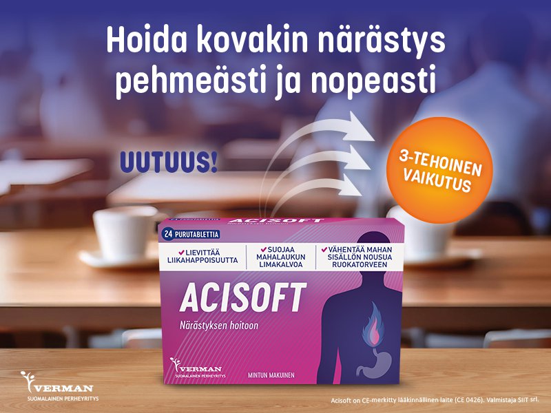 Acisoft on kolmitehoinen apu närästyksen hoitoon, se lievittää liikahappoisuutta, suojaa mahalaukun limakalvoa ja vähentää mahan sisällön nousua ruokatorveen.