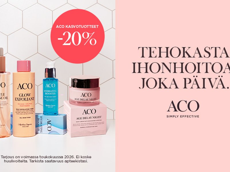 ACO Face -kasvohoitotuotteet on kehitetty pohjoismaiselle, herkälle iholle. Mietoja mutta tehokkaita koostumuksia, jotka tukevat ihon omaa suojamuuria ja sopivat päivittäiseen käyttöön. Toukokuun ajan kaikki ACO Face -tuotteet -20 %
