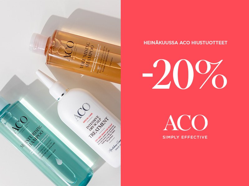ACO Hair -hiustenhoitotuotteet tarjoavat hellävaraista ja tehokasta hiustenhoitoa. Kuvassa ACO Hair -sarjan shampoo- ja hoitoaineet sekä -20 % kampanjatarjous, voimassa 1.–31.7.2026.