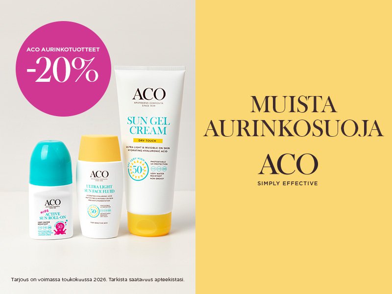ACO Sun -aurinkosuojatuotteet tarjoavat tehokkaan ja ihoystävällisen suojan pohjoismaisiin olosuhteisiin. Kehitetty herkälle iholle, sopii myös lapsille ja päivittäiseen käyttöön. Toukokuun ajan kaikki ACO Sun -tuotteet -20 %.