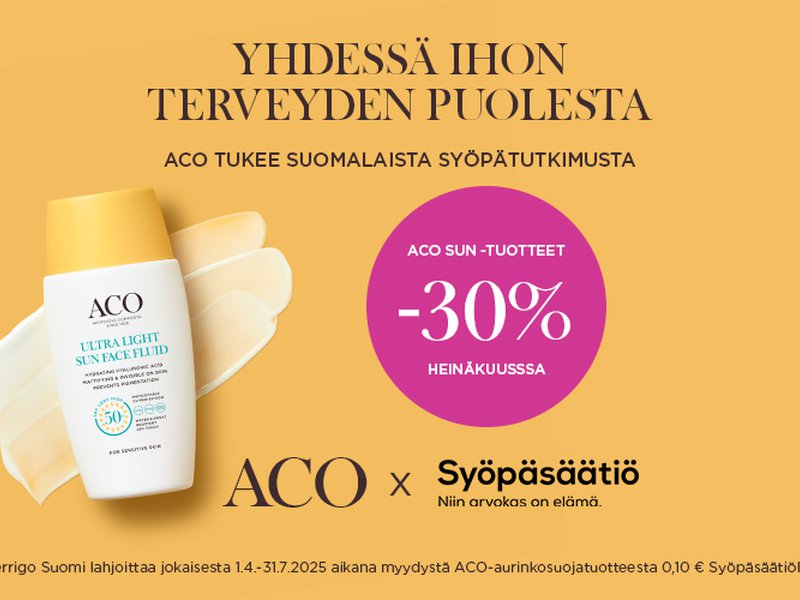 Aco Sun -tuotteet heinäkuussa -30% . Kesän aurinkotuotteet nyt edullisemmin! Hyödynnä -30 % alennus Aco Sun -sarjan tuotteista koko heinäkuun ajan. Suojaa ihosi auringolta ja nauti kesästä huoletta.