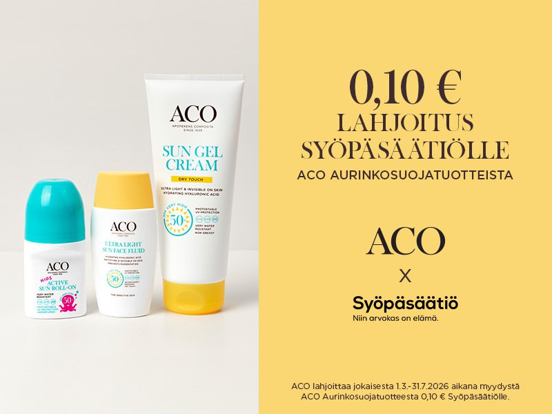 Suojaa ihoa. Tue elämää. Valitse ACO-aurinkotuote ja tee samalla hyvää. Jokaisesta myydystä ACO-aurinkotuotteesta lahjoitamme 0,10 € Syöpäsäätiölle.