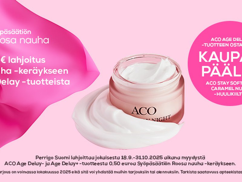 Osta ACO Age Delay -tuote ja saat kaupanpäälle ACO Stay Soft Lips -huulituotteen sävyssä Caramel Nude. Lisäksi ACO lahjoittaa 0,50 euroa jokaisesta myydystä Age Delay -tuotteesta Syöpäsäätiölle.