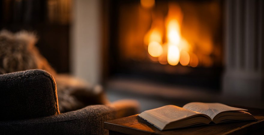Nojatuoli, jonka edessä takkatuli. Pöydällä auki kirja.