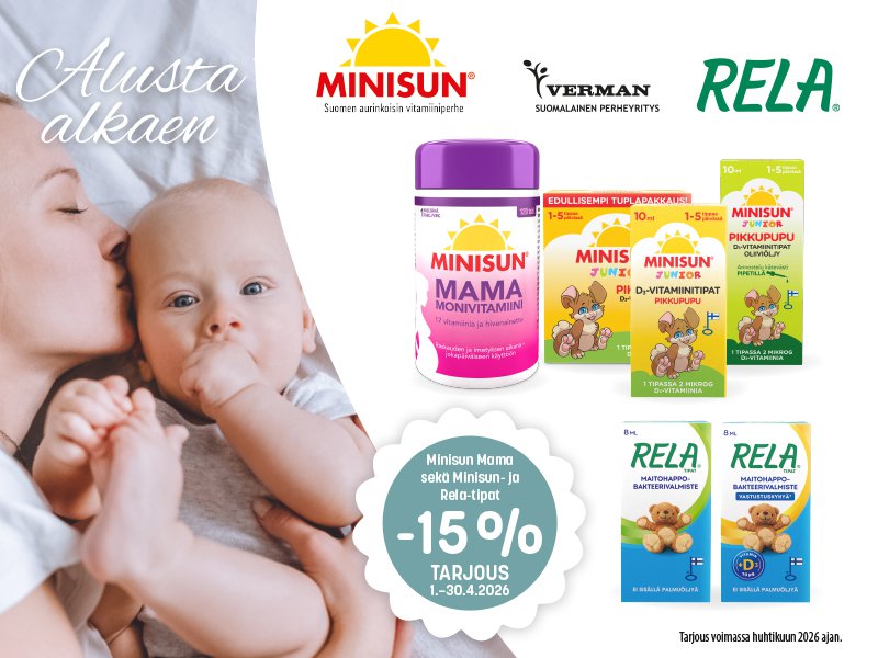 Minisun Monivitamiini Mama on monivitamiinivalmiste erityisesti raskaana oleville ja imettäville naisille. Se sisältää jopa 17 vitamiinia ja hivenainetta. yksi helposti nieltävä tabletti päivässä