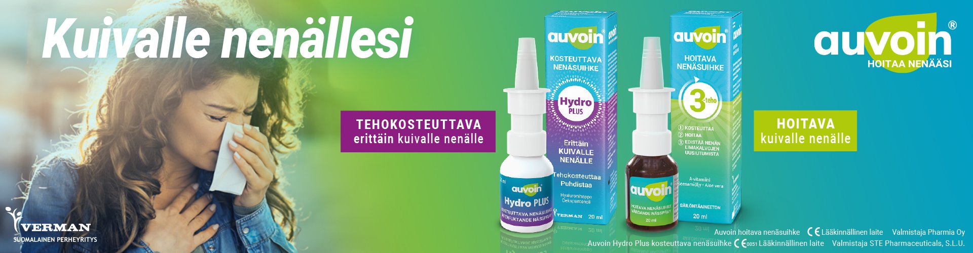 Auvoin‑nenäsuihkeet kosteuttavat ja hoitavat kuivaa nenää. Mainos esittelee Auvoin Hydro Plus ‑kosteuttavan nenäsuihkeen sekä hoitavan Auvoin‑nenäsuihkeen, jotka tarjoavat tehokosteutusta ja helpotusta erittäin kuivalle nenälle.
