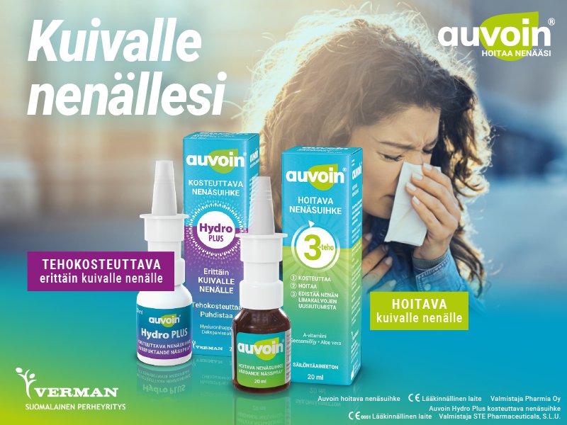 Auvoin‑nenäsuihkeet kosteuttavat ja hoitavat kuivaa nenää. Mainos esittelee Auvoin Hydro Plus ‑kosteuttavan nenäsuihkeen sekä hoitavan Auvoin‑nenäsuihkeen, jotka tarjoavat tehokosteutusta ja helpotusta erittäin kuivalle nenälle.