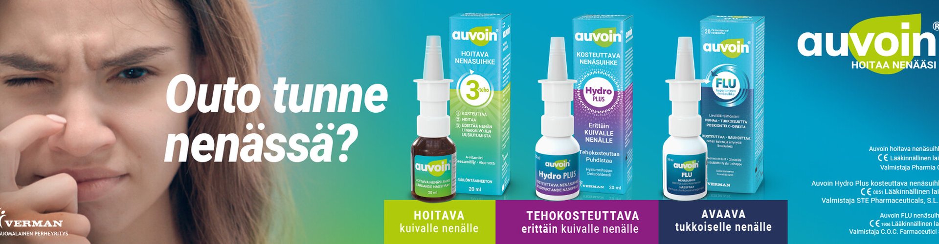 Auvoin nenäsuihkeet kuivalle ja tukkoiselle nenälle – kosteuttava, hoitava ja avaava nenäsuihke. Lapsille uutuus Baby & Junior nenäsuihke 120ml.