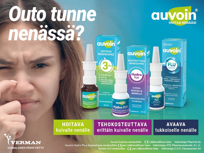 Auvoin‑nenäsuihkeet kosteuttavat ja hoitavat kuivaa nenää. Mainos esittelee Auvoin Hydro Plus ‑kosteuttavan nenäsuihkeen sekä hoitavan Auvoin‑nenäsuihkeen, jotka tarjoavat tehokosteutusta ja helpotusta erittäin kuivalle nenälle.