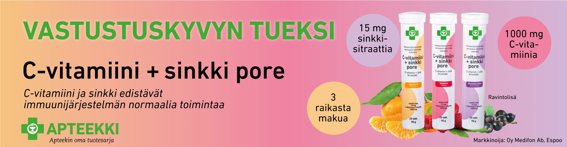 Raikas appelsiininmakuinen vahva C-vitamiini-sinkkiporetabletti vastustuskyvyn tueksi. Sopii myös vegaaneille.