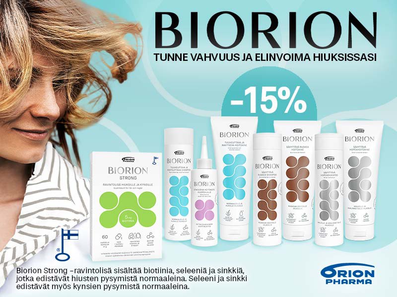 Biorion-hiustenhoitosarja vaikuttavia aineosia; kofeiinia, joka stimuloi päänahan verenkiertoa ja pantenolia, joka kosteuttaa hiuksia ja tekee niistä pehmeämmät ja kiiltävämmät.Tuotteiden sisältämä antistaattinen betaiinijohdannainen vähentää sähköisyyttä