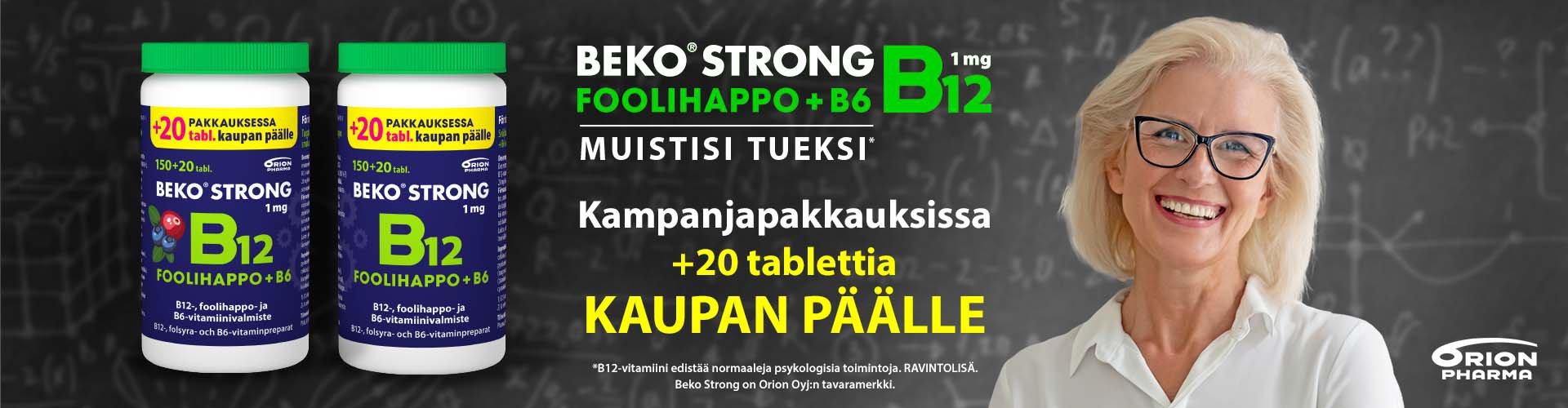 Beko Strong B12 on tehokas ravintolisä, joka sisältää B12-vitamiinia, foolihappoa ja B6-vitamiinia. Se on suunniteltu tukemaan muistia ja normaaleja psykologisia toimintoja. Kuvassa esillä kampanjapakkaus, jossa 150 + 20 tablettia kaupan päälle.