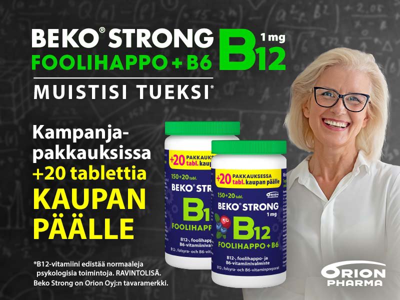 Beko Strong B12 on tehokas ravintolisä, joka sisältää B12-vitamiinia, foolihappoa ja B6-vitamiinia. Se on suunniteltu tukemaan muistia ja normaaleja psykologisia toimintoja. Kuvassa esillä kampanjapakkaus, jossa 150 + 20 tablettia kaupan päälle.
