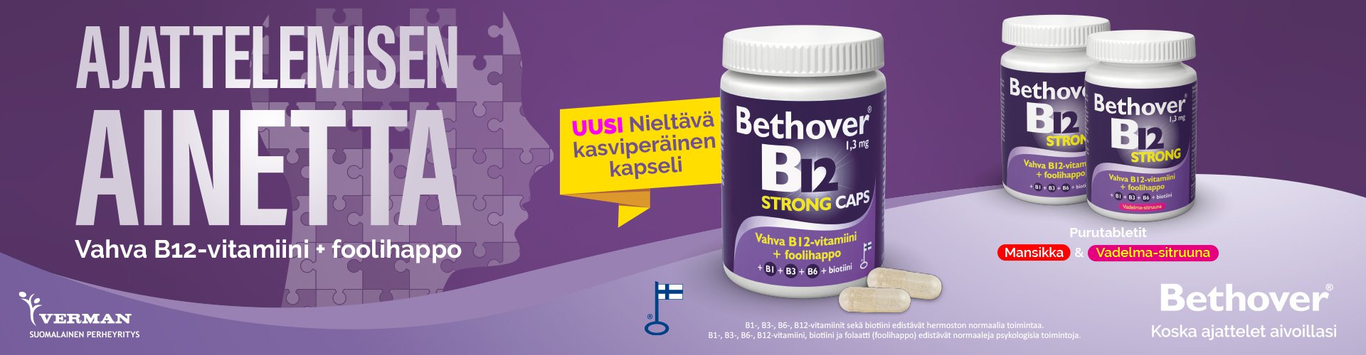 Bethover Strong sisältää monipuolisen valikoiman B-vitamiineja ja foolihappoa. Luotettavat tuotteet. Suomalainen perheyritys. Korkea laatu. Tyypit: Vireyteen, Jaksamiseen, Muistin tueksi.