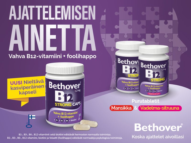 Bethover Strong sisältää monipuolisen valikoiman B-vitamiineja ja foolihappoa. Luotettavat tuotteet. Suomalainen perheyritys. Korkea laatu. Tyypit: Vireyteen, Jaksamiseen, Muistin tueksi.