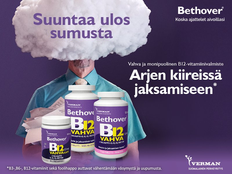 Bethover B12 ‑vitamiinit auttavat vahvistamaan jaksamista arjen kiireissä. Mainos esittelee Bethover B12 Vahva ja Extra Vahva ‑valmisteet, jotka tukevat muistia, keskittymistä ja B12‑vitamiinin saantia.