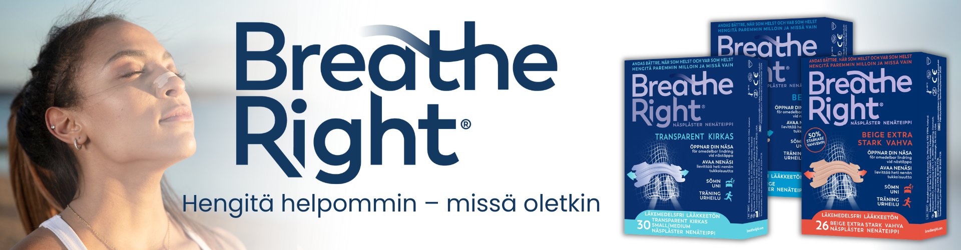 Breathe Right-nenäliuskat tarjoavat välittömän ja lääkkeettömän helpotuksen nenän tukkoisuuteen,syynä flunssa, allergiat tai yön aikana paheneva tukkoisuus, kuorsaus.Liuskat avaavat nenänkäytävät mekaanisesti,mikä lisää ilmanvirtausta,helpottaa hengitystä