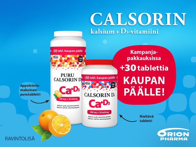 Calsorin 500 mg + D3 20 mikrog on helposti nieltävä kalsium-valmiste. Se sisältää 500 mg kalsiumia sekä 20 mikrogrammaa kalsiumin imeytymistä edistävää D3-vitamiinia. Saatavilla nieltävänä tablettina sekä appelsiinin makuisena purutablettina. Ravintolisä.