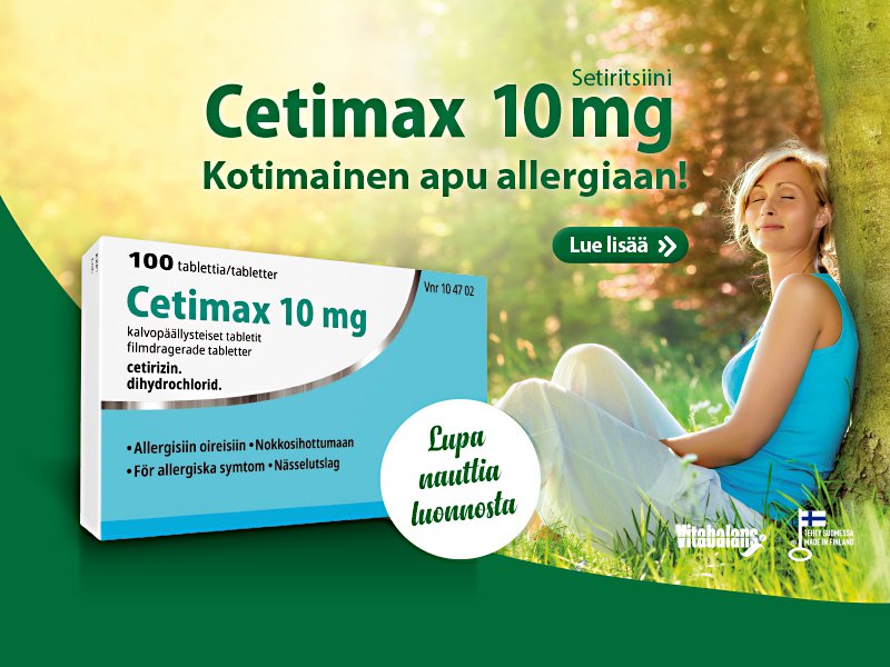 Cetimaxin vaikuttava aine on setiritsiini.Setiritsiini on antihistamiini,jota käytetään allergian (yliherkkyyden) hoitoon.Cetimax on tarkoitettu aikuisten ja vähintään 6-vuotiaiden lasten kausiluonteiseen ja ympärivuotiseen allergiseen nuhan oireisiin.
