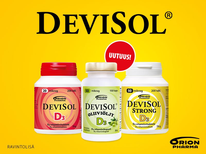 uutuus DeviSol Oliiviöljy, joka sisältää D3-vitamiinia ja ekstra-neitsytoliiviöljyä samassa, helposti nieltävässä kapselissa. Vahvuuksina 50 ja 100 mikrog.