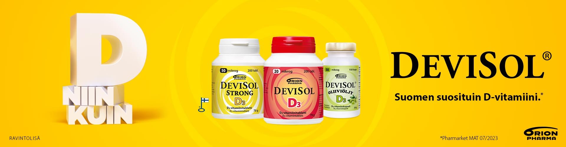 Huolehdi vastustuskyvystäsi! Osta laadukkaat Orion Pharman DeviSol D3-vitamiinit (20 µg ja 50 µg) verkkokaupastamme. Kotimainen Avainlippu-tuote.
