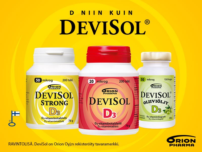 Huolehdi vastustuskyvystäsi! Osta laadukkaat Orion Pharman DeviSol D3-vitamiinit (20 µg ja 50 µg) verkkokaupastamme. Kotimainen Avainlippu-tuote.