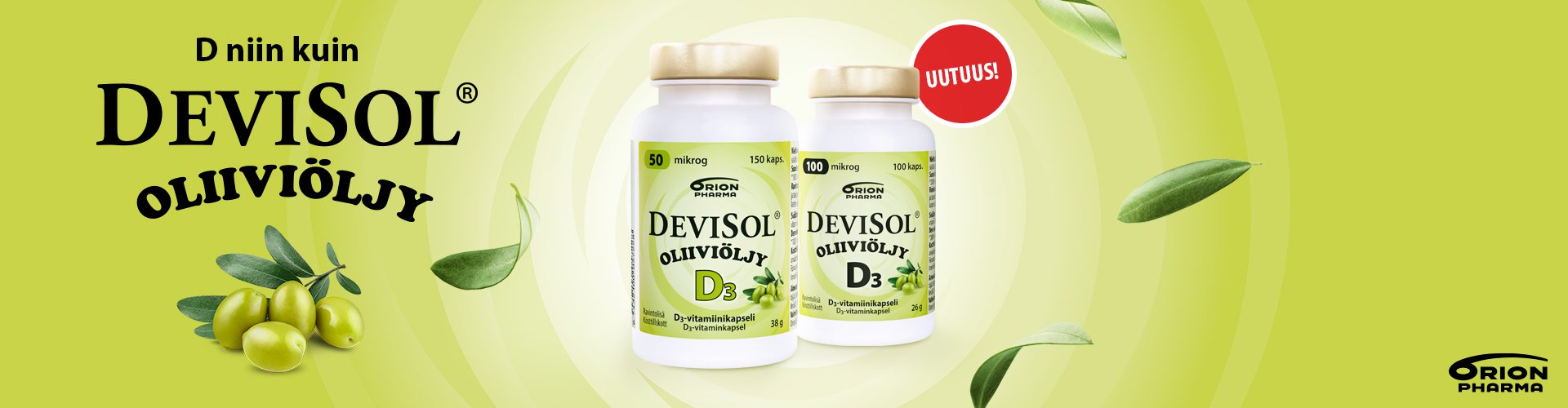 DeviSol Oliiviöljy D3 50 mcg 150 kaps. ja 100 mcg 100 kaps. Vahva D3-vitamiini ja korkealaatuinen ekstra-neitsytoliiviöljy ovat nyt samassa, helposti nieltävässä kapselissa.