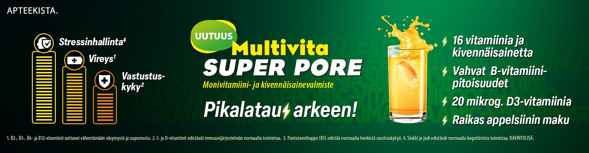 Multivita Super Pore Hyvänmakuisen porejuoman sisältämät vitamiinit ja kivennäisaineet auttavat jaksamaan, buustaavat vastustuskykyä ja henkistä suorituskykyä sekä pitävät stressitasot hallinnassa