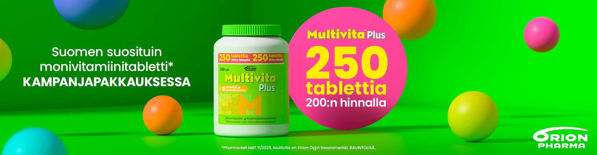 Multivita Plus -monivitamiinien kampanjakuva. Tarjouksessa 250 tabletin pakkaus 200 tabletin hinnalla. Tuote on Orion Pharman Multivita Plus -ravintolisä.