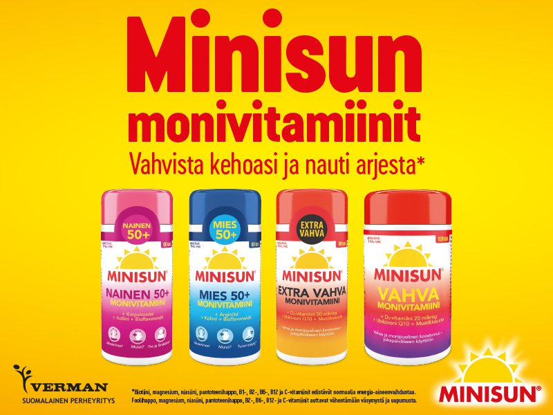 Minisun‑monivitamiinit tukevat päivittäistä hyvinvointia. Mainos esittelee Minisun Nainen 50+, Minisun Mies 50+, Minisun Extra Vahva ja Minisun Vahva ‑monivitamiinit, jotka on suunniteltu täydentämään ravintoa ja vahvistamaan kehon jaksamista.