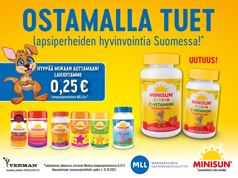 Minisun tuoteperhe sisältää laajan valikoiman mm. monivitamiineja, D-vitamiineja, tuotteita vastustuskyvylle ja luustolle. Minisun tuotteet ovat kehitetty suomalaisiin tarpeisiin niin lapsille kuin aikuisillekin.