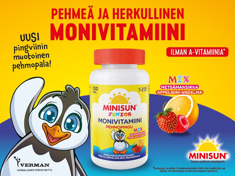 Minisun Monivitamiini Pehmopingu on helppo tapa varmistaa lapsen päivittäinen vitamiinien ja kivennäisaineiden saanti. Minisun Monivitamiini Pehmopingu on pingviinin muotoinen, hyvänmakuinen, marjaisa, pehmeä ja pureskeltava pehmopala etenkin lapsille.