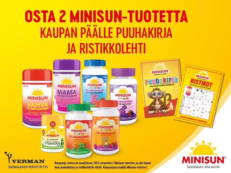 Minisun on Suomessa kehitetty vitamiinisarja, johon kuuluu D-vitamiinit, monivitamiinit, Luusto-tuotteet sekä päivittäistä vastustuskykyä ylläpitävät tuotteet. Minisun-vitamiinit sopii koko perheen päivittäiseen käyttöön.