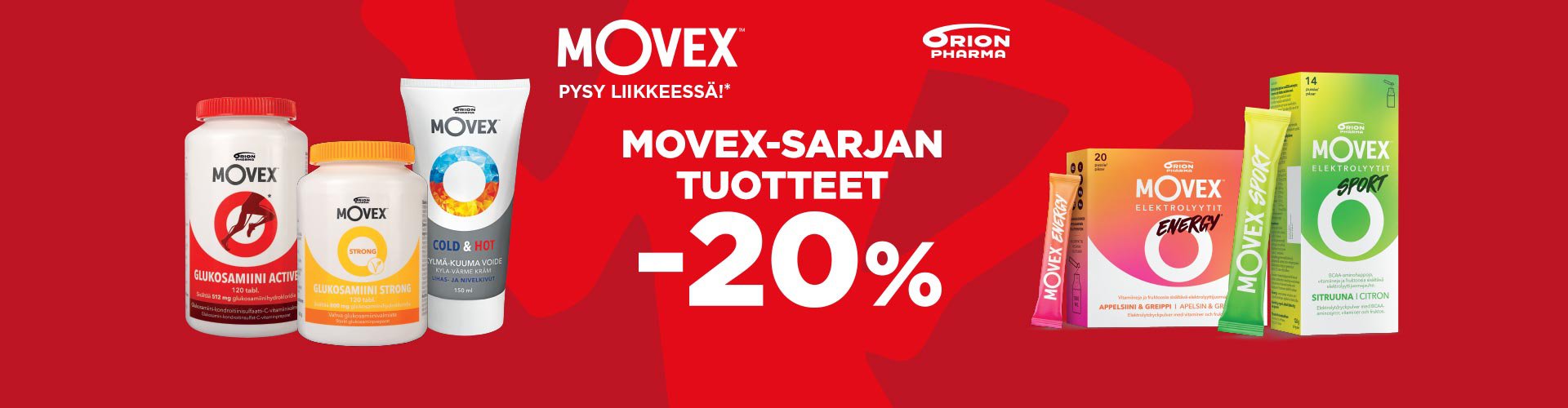 Movex-tuotteet -20 % alennuksessa. Kampanja kattaa glukosamiinitabletit, lihas- ja nivelvoiteen sekä elektrolyyttituotteet urheiluun ja palautumiseen. Tuotteet tukevat nivelten, lihasten ja kehon nestetasapainon hyvinvointia. Pysy liikkeessä!