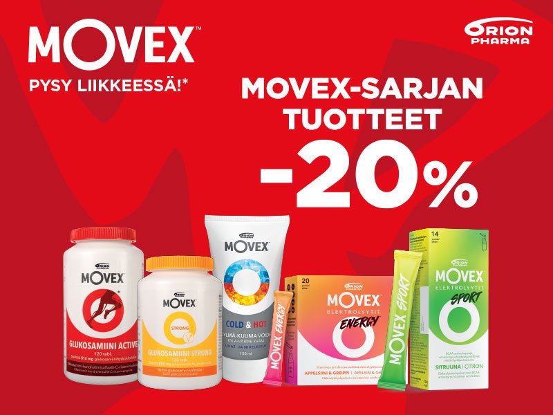 Movex-tuotteet -20 % alennuksessa. Kampanja kattaa glukosamiinitabletit, lihas- ja nivelvoiteen sekä elektrolyyttituotteet urheiluun ja palautumiseen. Tuotteet tukevat nivelten, lihasten ja kehon nestetasapainon hyvinvointia. Pysy liikkeessä!